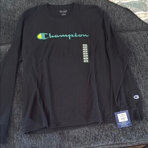 Champion Black Long Sleeve Tee with Green Logo